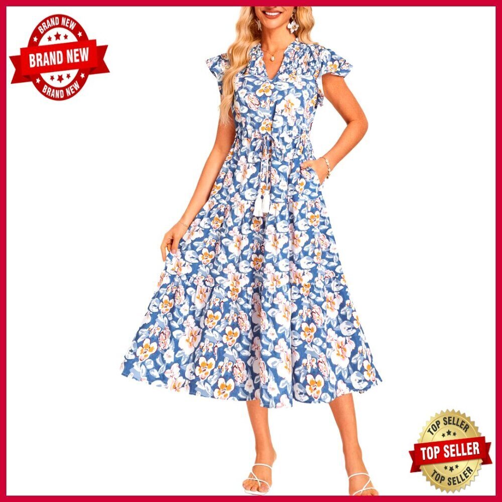 Floral Midi Dress Drawstring Waist Boho Chic Summer Wedding Guest Dress with